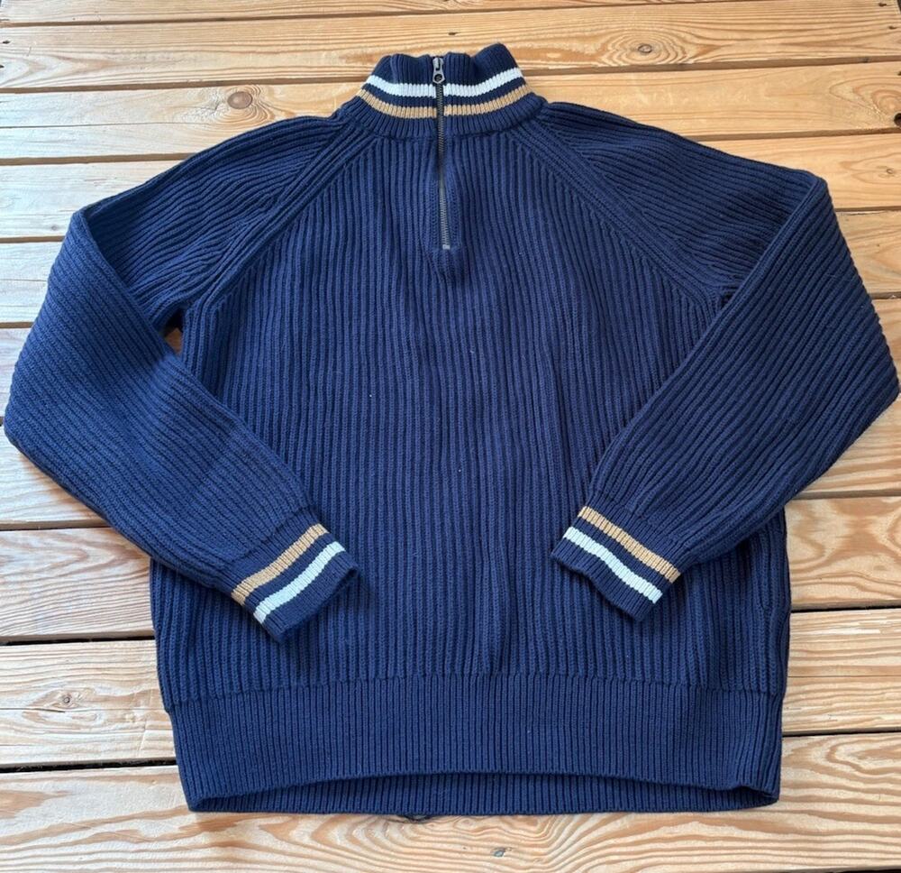J Crew NWT $98 Men’s 1/4 Zip Ribbed knit Varsity Stripe Sweater Size L Navy Q5